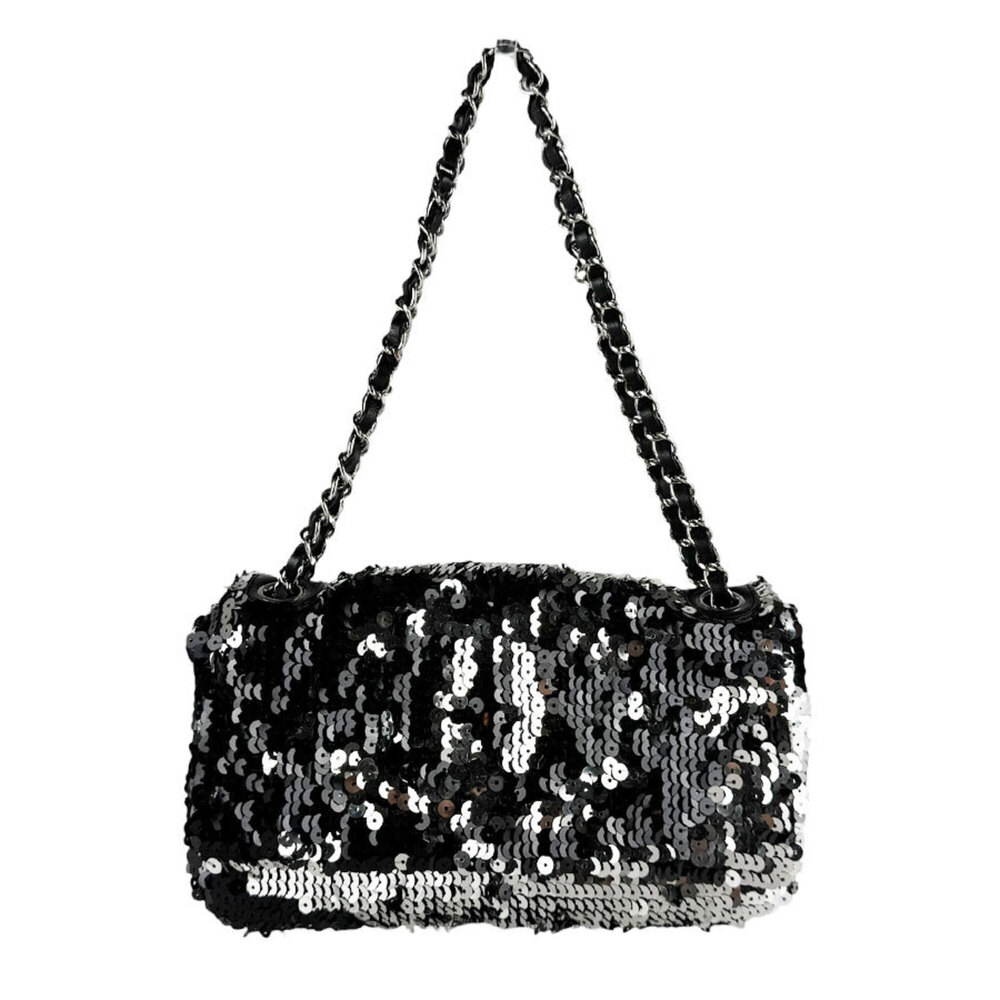 Chanel CHANEL Shoulder Bag, Sequin Leather, Black Silver, Women's z10308